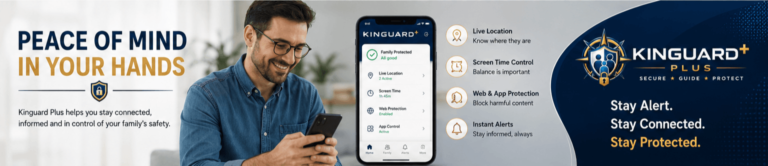 Kinguard Plus app overview showing live location, screen time control, and protection features